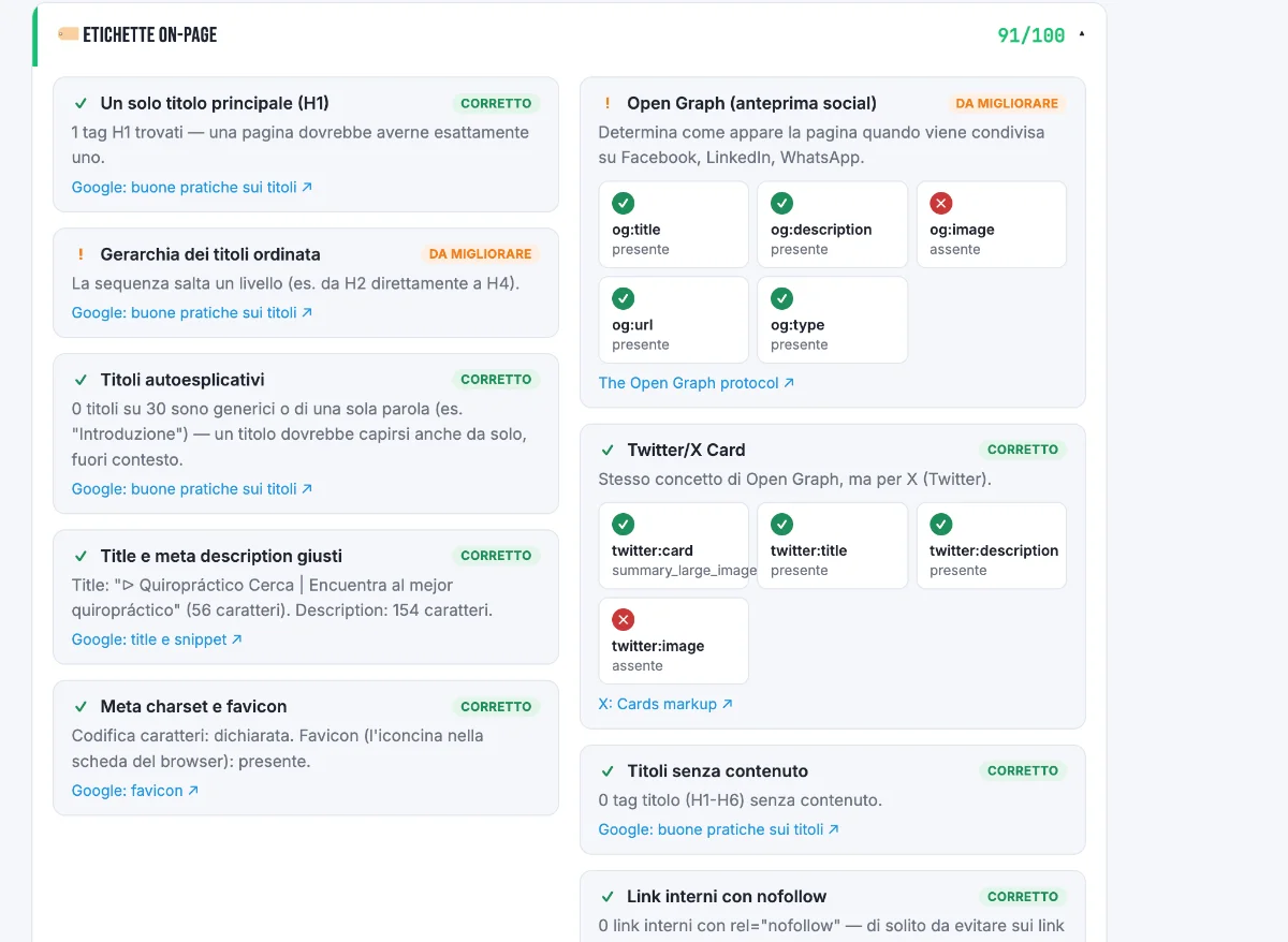 Categoria Etichette on-page del tool auditseo.tools con controlli su titoli, Open Graph e Twitter Card