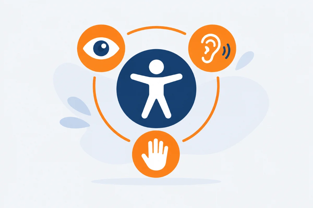 Illustrazione di una figura umana circondata da icone di occhio, orecchio e mano, a rappresentare l'accessibilità digitale