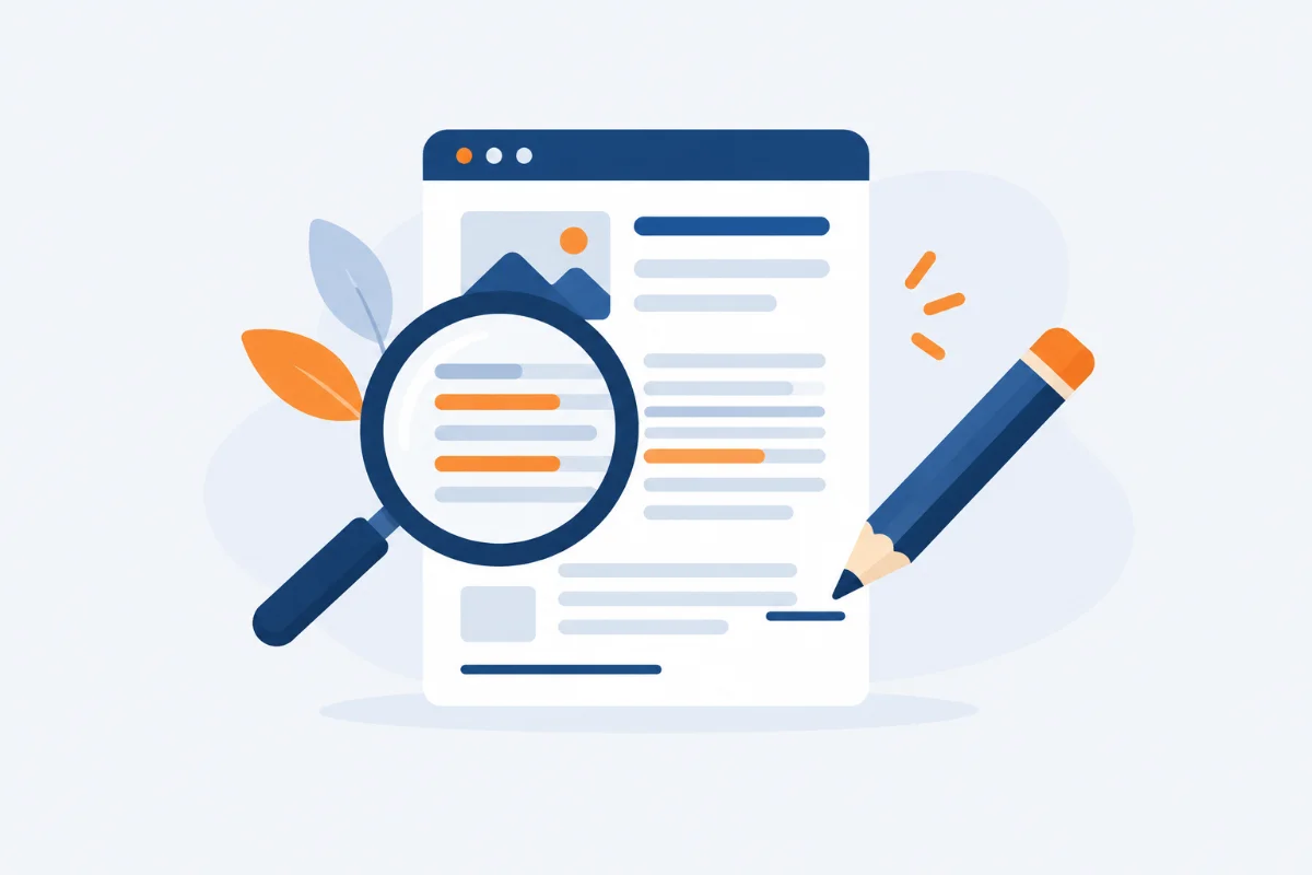 Illustrazione di una lente d'ingrandimento su un testo evidenziato, con una matita che scrive, a rappresentare la scrittura di contenuti SEO