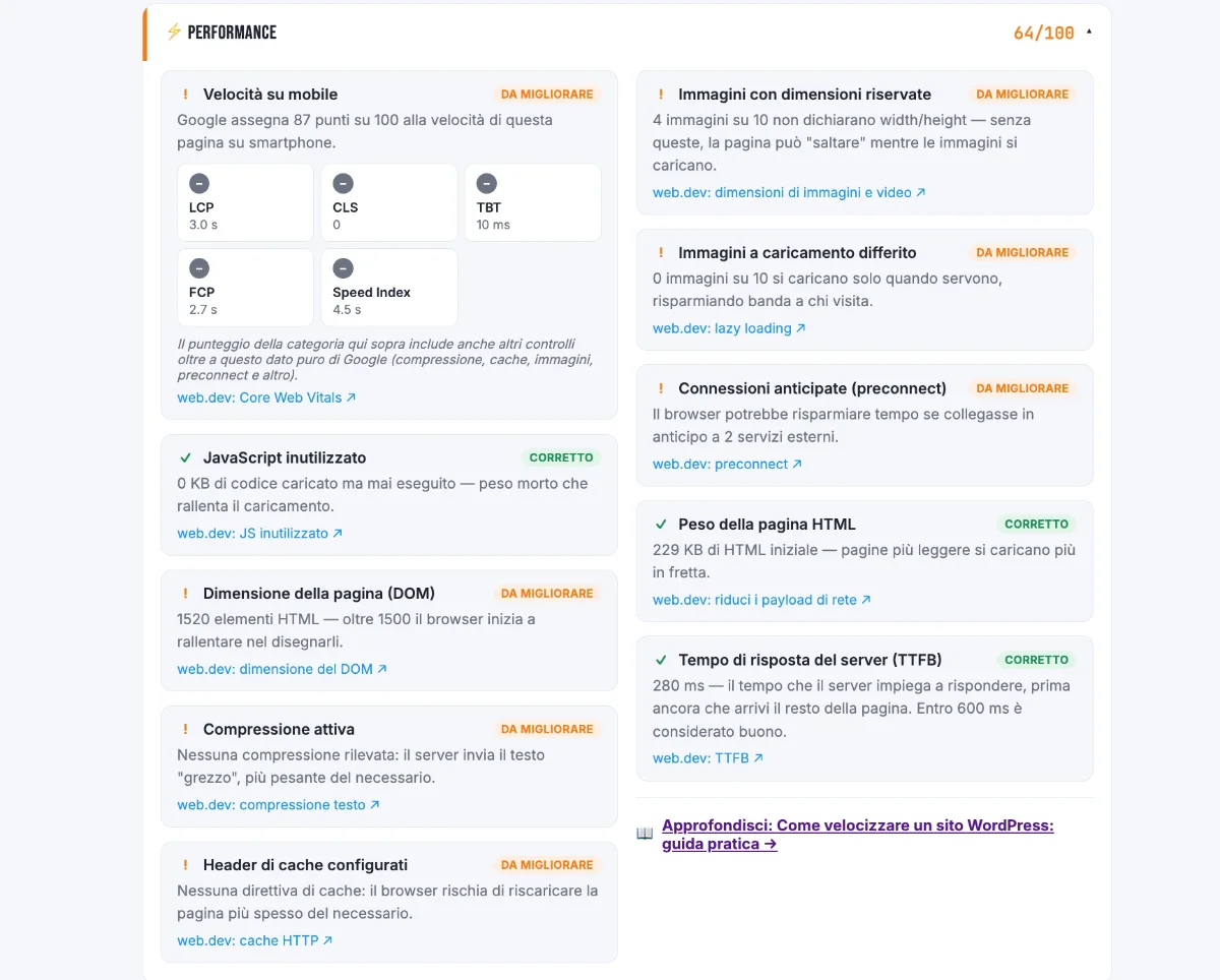 Categoria Performance del tool auditseo.tools con Core Web Vitals, compressione e cache