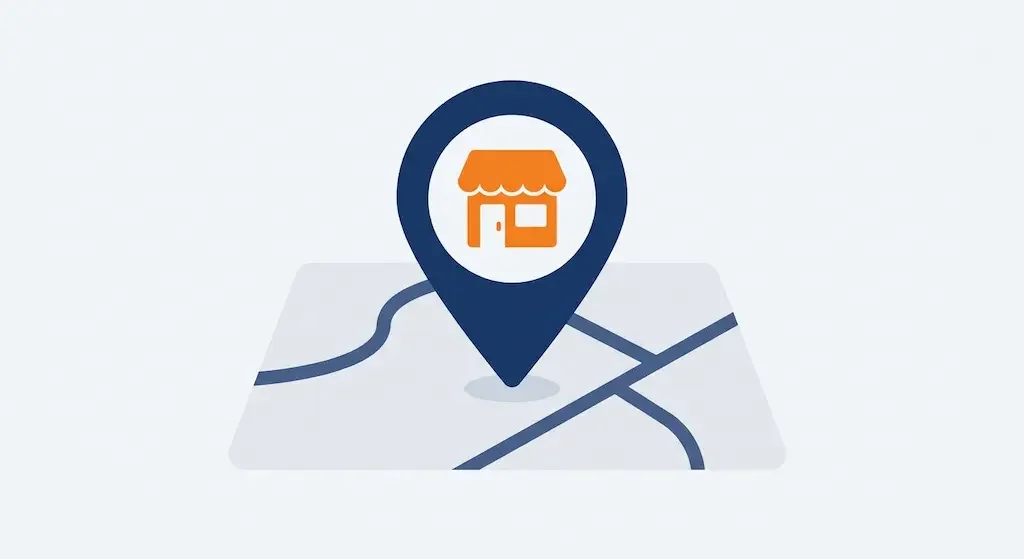Illustration of a map pin with a small storefront icon, representing local search and Google Maps