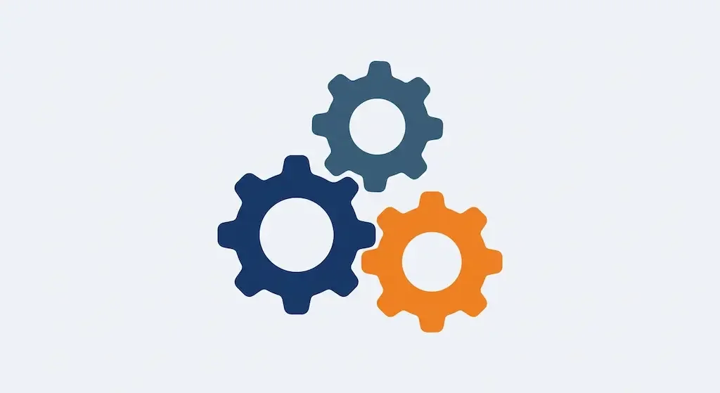 Illustration of three interlocking gears, representing the three pillars of SEO: on-page, technical and off-page
