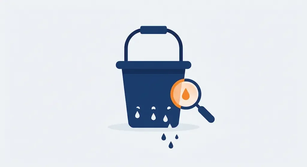Illustration of a bucket with holes leaking water, representing wasted ad spend without a prior audit
