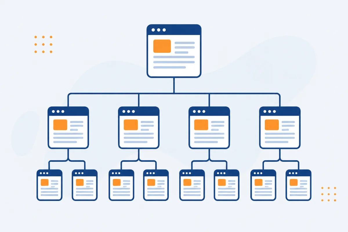 Illustrazione di un diagramma ad albero con icone di pagine collegate, a rappresentare una sitemap XML
